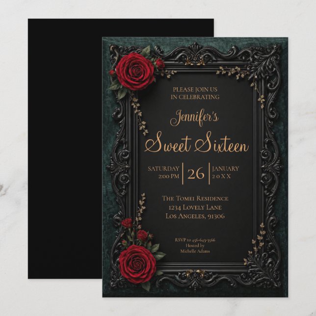 Invitación Rojo oscuro floral gótico Sweet 16 (Anverso / Reverso)