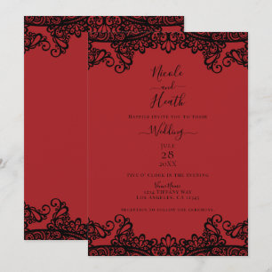 Invitación Rojo Oscuro y Encaje Negro Elegante Boda
