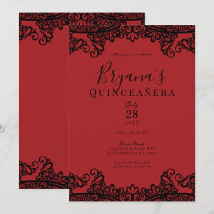 Invitación Rojo Oscuro y Encaje Negro Elegante Quinceañera