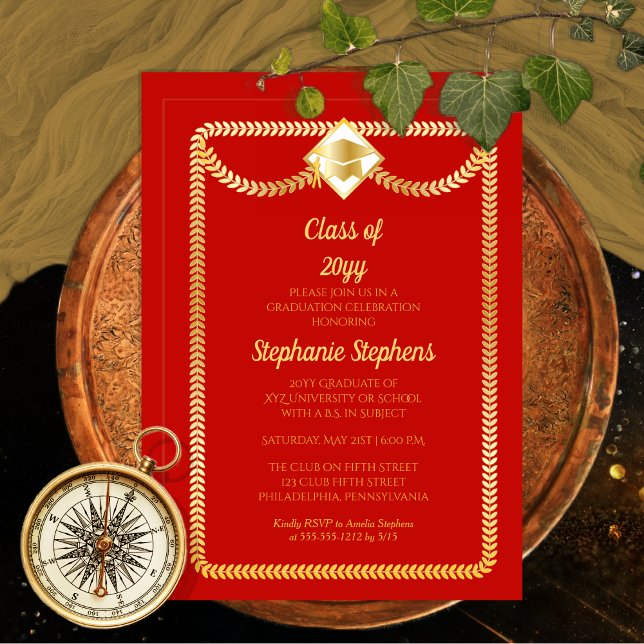 Invitación Rojo | Partido de Graduación Serpentina de Oro (Elegant Red and Gold Tone Serpentine College | University Graduation Announcement | Party Invitation)