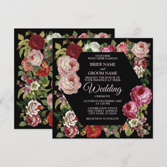 Invitación Rojo Pink Floral Greeneration Rustic Black Boda (Anverso / Reverso)