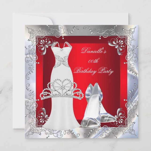 Invitación Rojo Plata Blanco Vestido de tacones altos Tiara (Anverso)