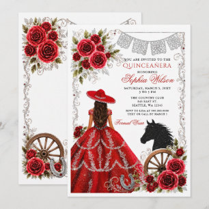 Invitación Rojo Plata Caballo Occidental Floral Charra Quince