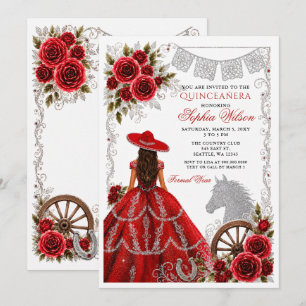 Invitación Rojo Plata Caballo Occidental Floral Charra Quince