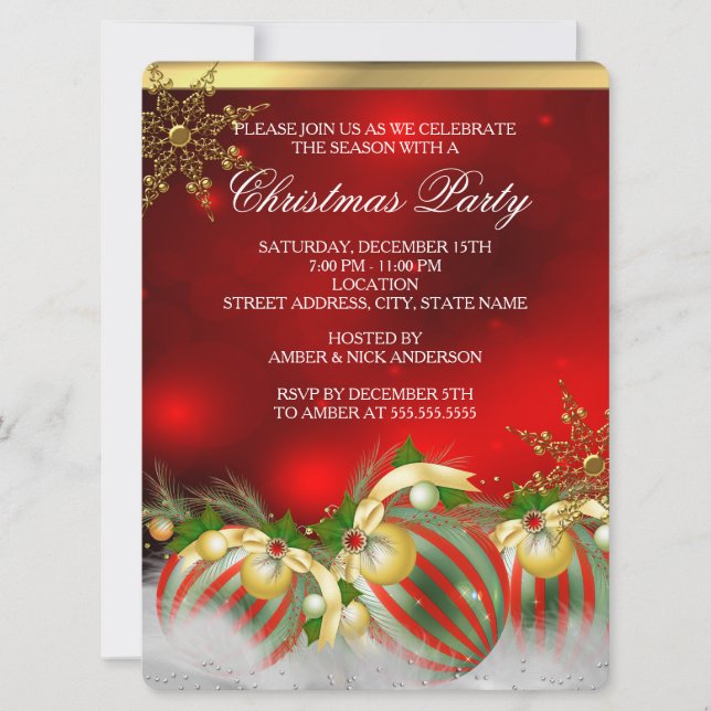 Invitación Rojo Plata Dorado Acebo Bolas Fiesta de Navidad 3 (Anverso)