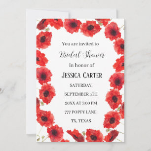 Invitación Rojo Poppies Floral acuarela Boho Bridal Shower