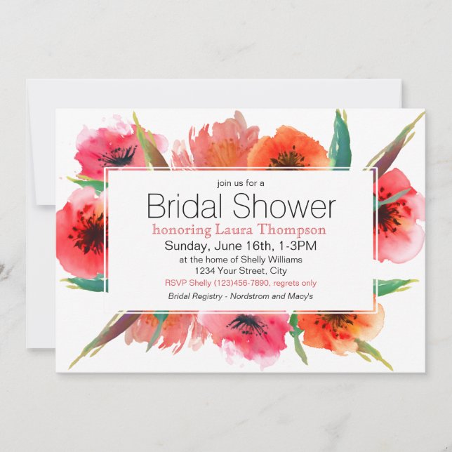 Invitación Rojo Poppies Pintados Floral Bridal Shower (Anverso)