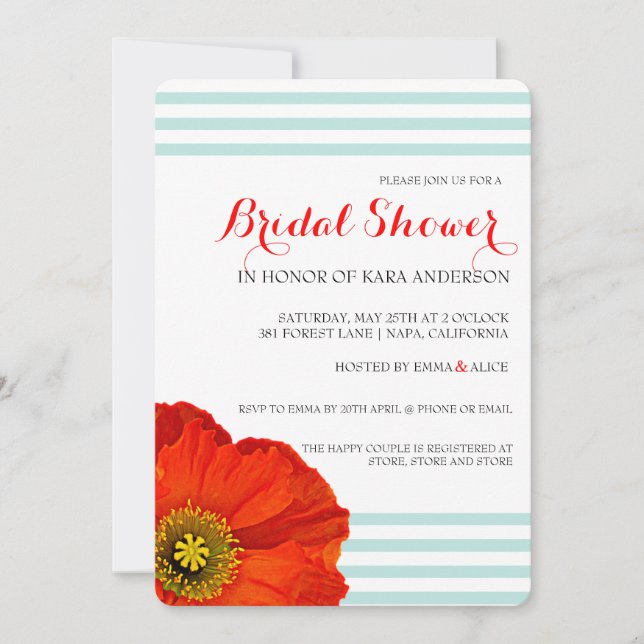 Invitación Rojo Poppy Mint Verde azulada Stripes Boda Ducha d (Anverso)