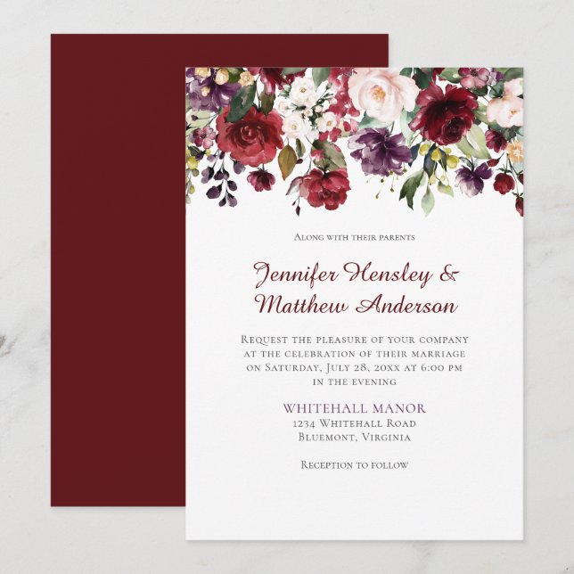 Invitación Rojo, Púrpura, Blanco, Verde Floral Drop Boda (Anverso / Reverso)