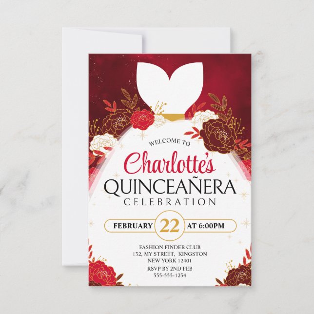Invitación Rojo Quinceanera Floral Blanco Princesa Vestido (Anverso)