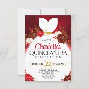 Invitación Rojo Quinceanera Floral Blanco Princesa Vestido
