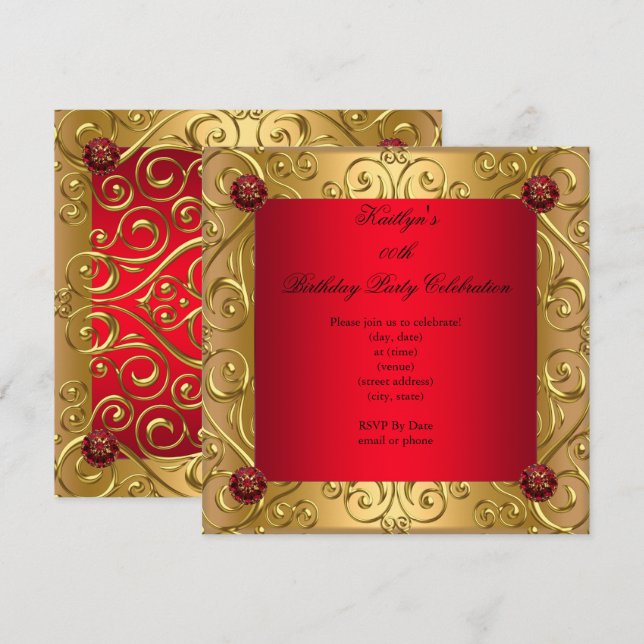 Invitación Rojo Real Elegante Cumpleaños Fiesta Damasco Oro (Anverso / Reverso)