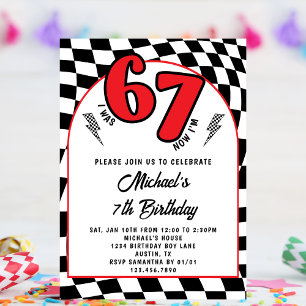 Invitación Rojo Retro Cuadros Negros 6 7 Niño Cumpleaños 7