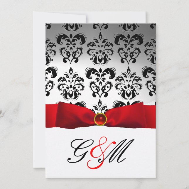 INVITACIÓN ROJO RIBBON BLANCO NEGRO DAMASK MONOGRAM (Anverso)