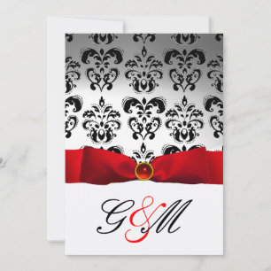 INVITACIÓN ROJO RIBBON BLANCO NEGRO DAMASK MONOGRAM
