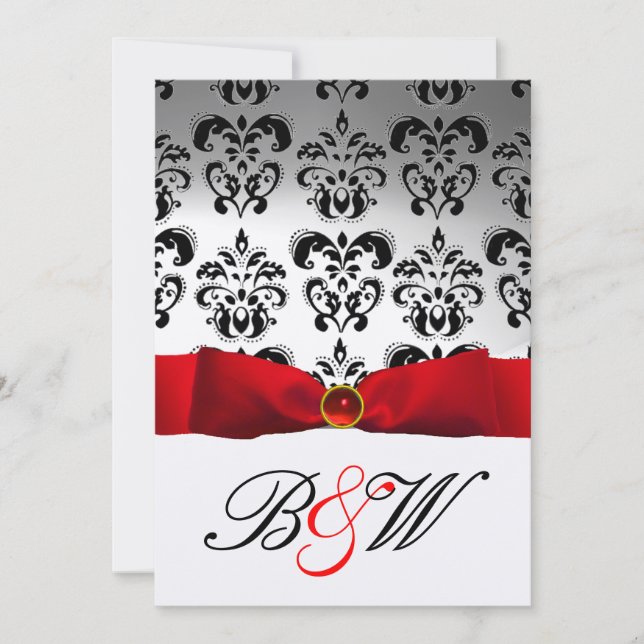 INVITACIÓN ROJO RIBBON BLANCO NEGRO DAMASK MONOGRAM (Anverso)