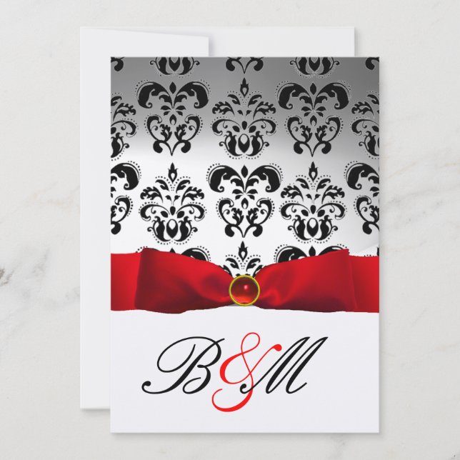 INVITACIÓN ROJO RIBBON GOLD BLACK DAMASK MONOGRAM (Anverso)