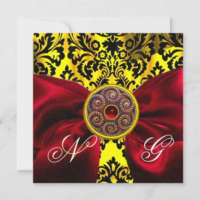 INVITACIÓN ROJO RIBBON ORO AMARILLO NEGRO DAMASK MONOGRAM (Anverso)