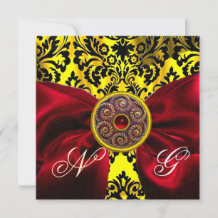 INVITACIÓN ROJO RIBBON ORO AMARILLO NEGRO DAMASK MONOGRAM
