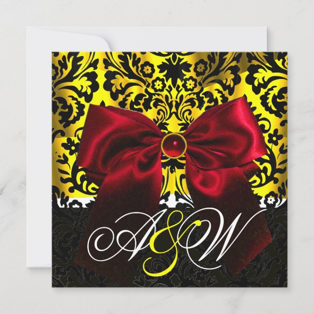 INVITACIÓN ROJO RIBBON ORO AMARILLO NEGRO DAMASK MONOGRAM (Anverso)