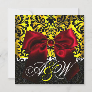 INVITACIÓN ROJO RIBBON ORO AMARILLO NEGRO DAMASK MONOGRAM
