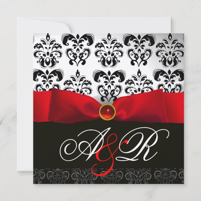 INVITACIÓN ROJO RIBBON RUBY BLANCO NEGRO DAMASK MONOGRAM (Anverso)