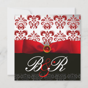 INVITACIÓN ROJO RIBBON RUBY BLANCO NEGRO DAMASK MONOGRAM
