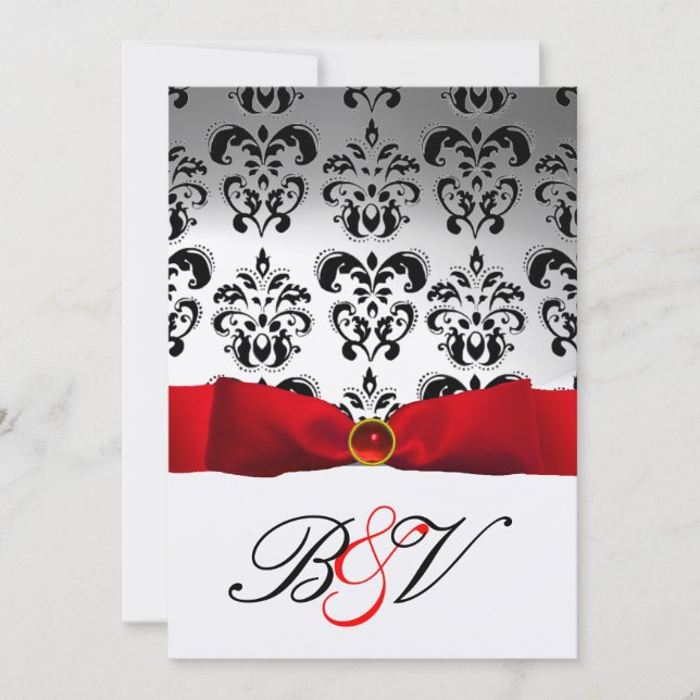 INVITACIÓN ROJO RIBBON SILVER BLACK DAMASK MONOGRAM (Anverso)