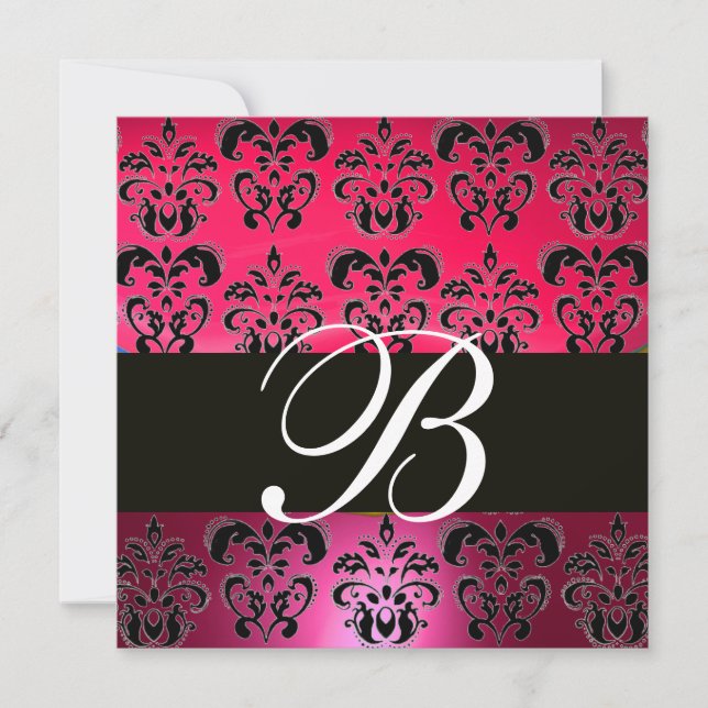 Invitación ROJO ROJO ROJO NEGRO DAMASK MONOGRAM fuchsia blanc (Anverso)