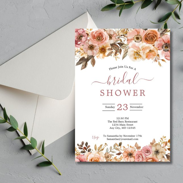 Invitación Rojo Rosa Beige Acuarela Floral Ducha de novia (Rust Boho Blush Pink Beige Cream Watercolor Floral Bridal Shower Invitation, Printed or Digital )