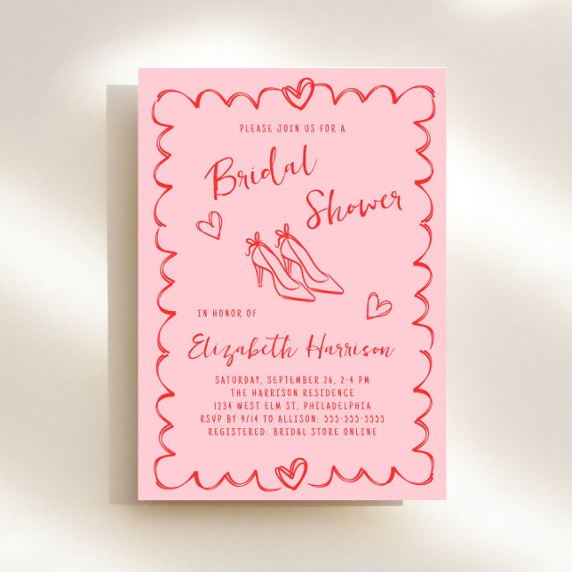 Invitación Rojo rosa de moda Wavy Frame Bridal Shower (Whimsical pink + red bridal brunch shower invitation to set the tone for an unforgettable event)
