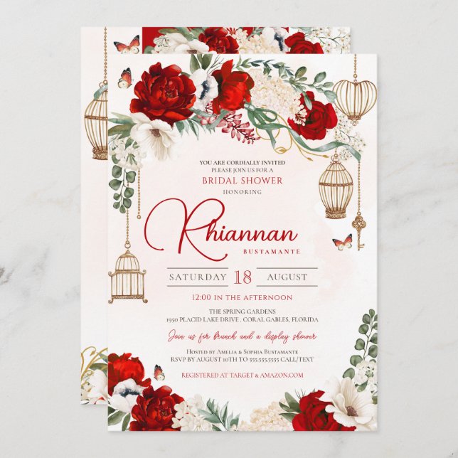 Invitación Rojo Rosa Floral Elegante Jardín Ducha Bridal (Anverso / Reverso)