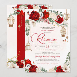 Invitación Rojo Rosa Floral Elegante Jardín Ducha Bridal