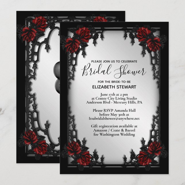 Invitación Rojo Rosa Gótico Bridal Ducha Puerta de Hierro (Anverso / Reverso)