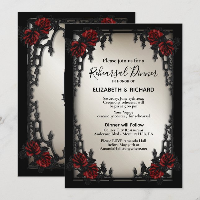Invitación Rojo Rosa Gótico Ensayo Cena Puerta de Hierro (Anverso / Reverso)
