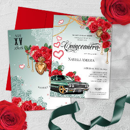 Invitación Rojo Rosa Mexicana Verde Alumnado Chola Quinceaner