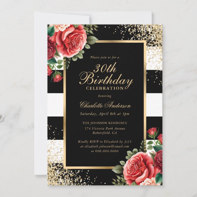 Invitación Rojo Rosa Negro Oro Confetti Floral 30 cumpleaños (Anverso)