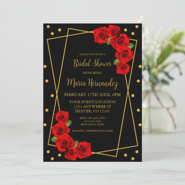 Invitación Rojo Rosa Negro y ducha de novias dorada (Anverso de pie)