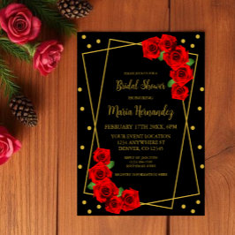 Invitación Rojo Rosa Negro y ducha de novias dorada