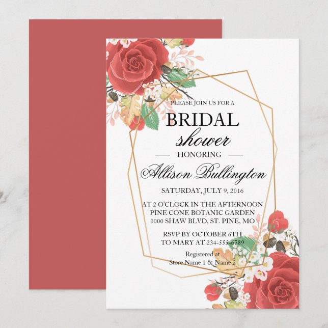 Invitación Rojo rosa otoño Bridal Shower (Anverso / Reverso)