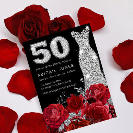 Invitación Rojo Rosa Plata Diamante Número Vestido 50 Cumplea
