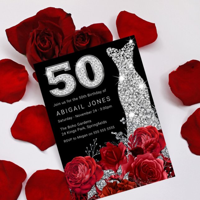 Invitación Rojo Rosa Plata Diamante Número Vestido 50 Cumplea (Subido por el creador)