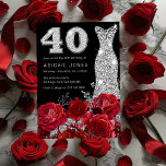 Invitación Rojo Rosa Plata Diamante Vestido Negro 40 cumpleañ<br><div class="desc">Rojo Rosa Plata Diamante Vestido negro 40 Invitación de cumpleaños Ver colección coincidente en Nicho y Nest Store</div>