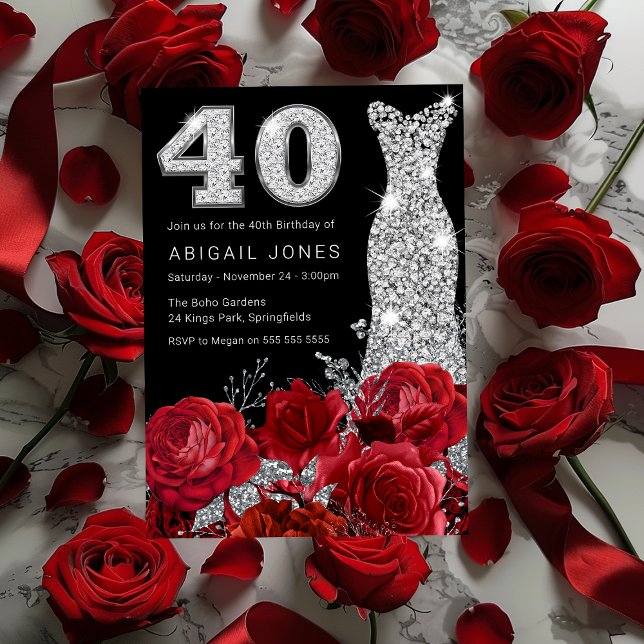 Invitación Rojo Rosa Plata Diamante Vestido Negro 40 cumpleañ (Subido por el creador)