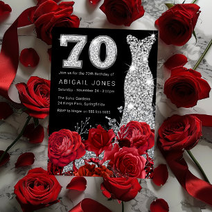 Invitación Rojo Rosa Plata Diamante Vestido Negro 70 cumpleañ