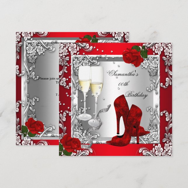 Invitación Rojo Rosa Plata Taco Alto Zapea A Cualquier Fiesta (Anverso / Reverso)