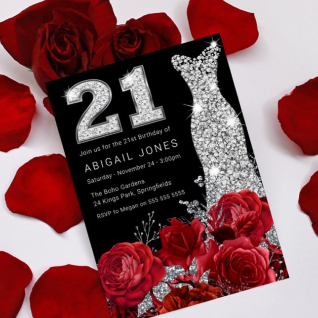 Invitación Rojo Rosa Plata Vestido de Diamante 21 Fiesta de C (Subido por el creador)