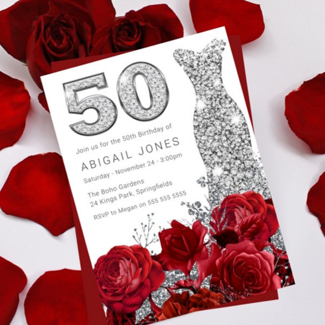 Invitación Rojo Rosa Plata Vestido Diamonte 50 cumpleaños (Subido por el creador)