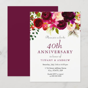 Invitación Rojo Rubí Borgoña Floral 40 Aniversario de Boda