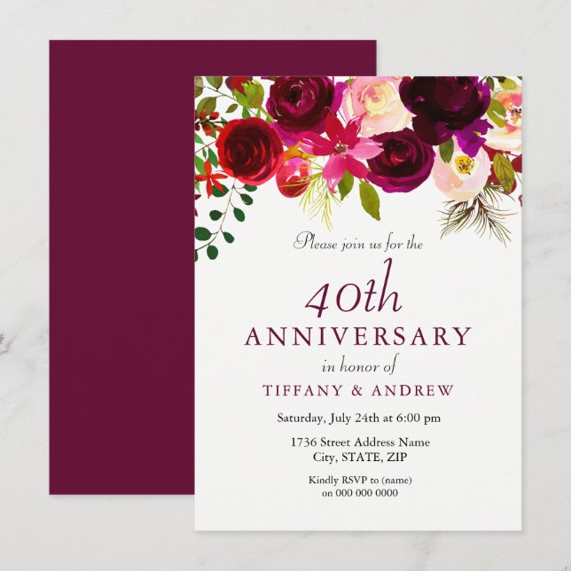 Invitación Rojo Rubí Floral Burgundy Aniversario de Bodas 40 (Anverso / Reverso)